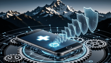 Smartphone displaying a glowing white cross, surrounded by digital shields and gears.