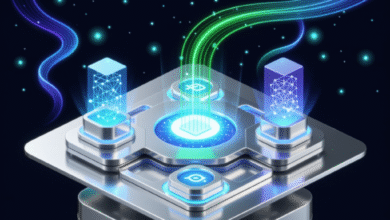 Futuristic digital network hub with glowing data streams and nodes.