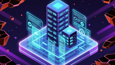 Isometric illustration of glowing blue servers and data screens on a grid platform.