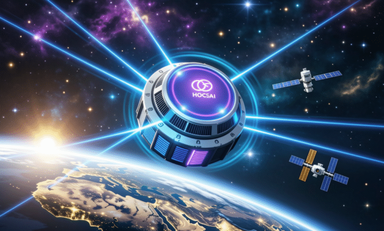 Futuristic satellite transmitting data over Earth with glowing blue beams.