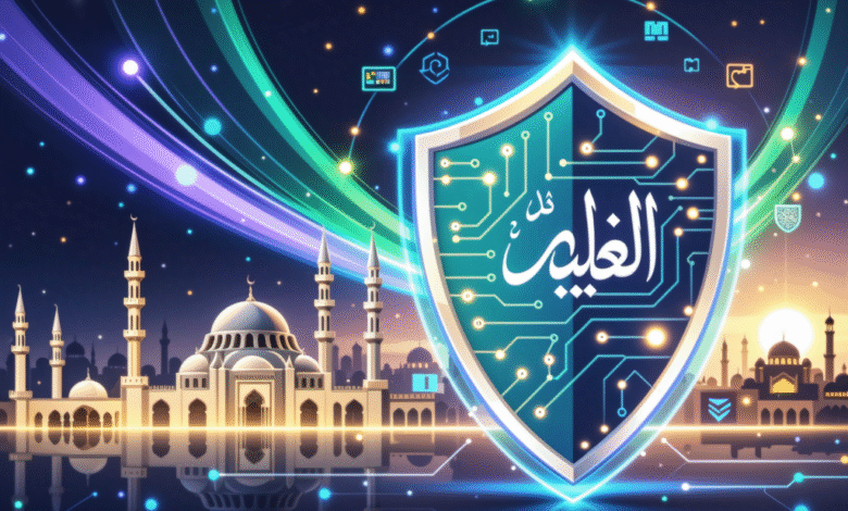 Digital shield with Arabic calligraphy over a cityscape of mosques and futuristic lights.
