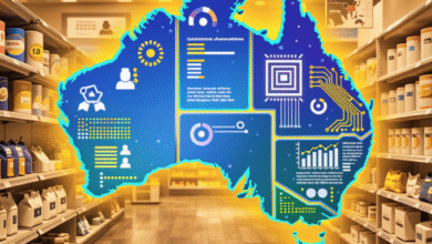 Digital overlay of Australia with data visualizations on store shelves.