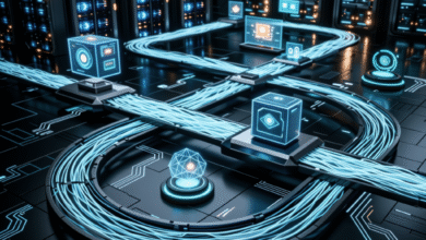 Futuristic server room with glowing blue cables and data cubes.