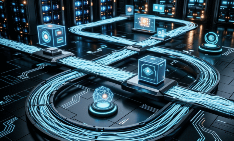 Futuristic server room with glowing blue cables and data cubes.