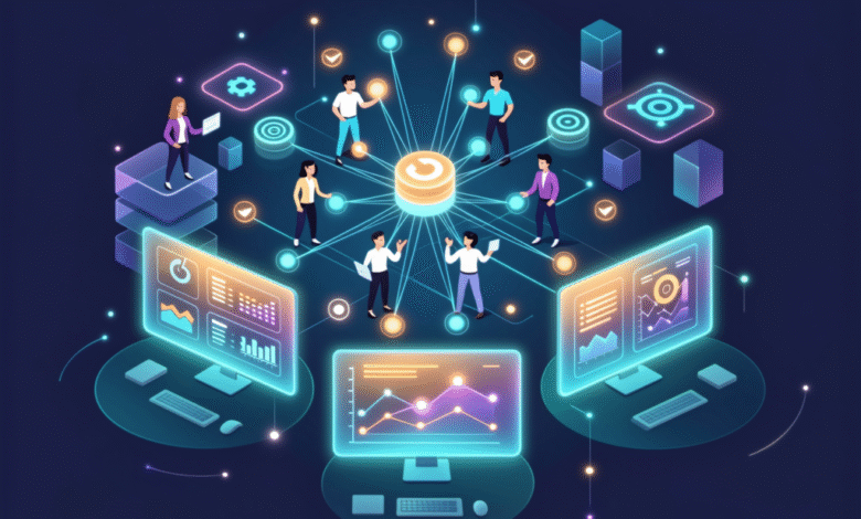 Team collaborating on a digital network with data visualizations and futuristic interfaces.