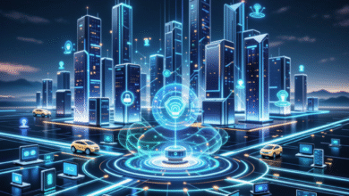 Futuristic cityscape with glowing blue data streams and connected devices.