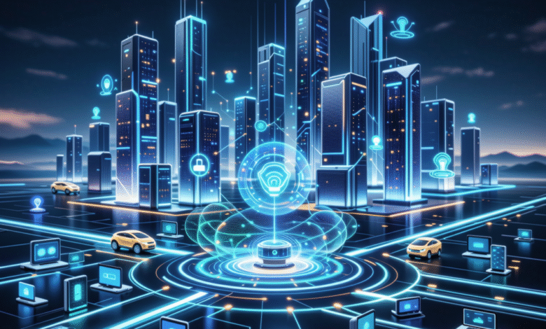 Futuristic cityscape with glowing blue data streams and connected devices.