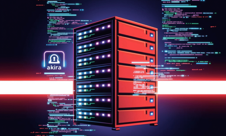 A red server rack with glowing blue lights, surrounded by lines of code and a logo with a lock icon and the word 'akira'.