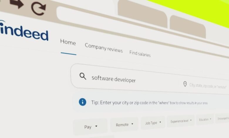 Indeed job search page showing 'software developer' as the search query.