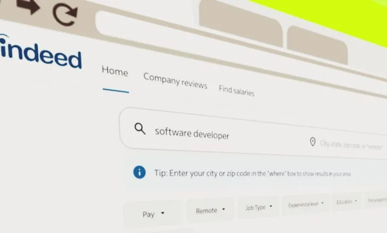 Indeed job search page showing 'software developer' query