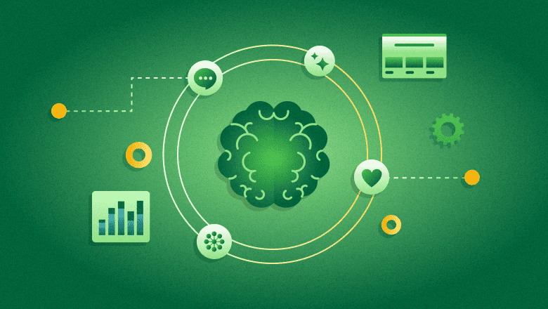 Illustration of an AI brain with icons representing data, communication, and growth.