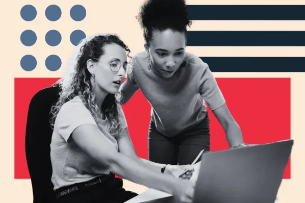 Two women collaborating on a laptop with a graphic background.