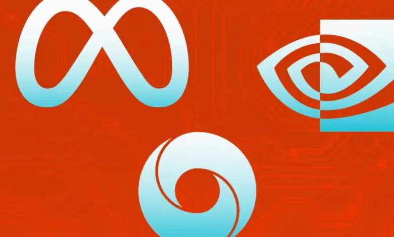Logos of Meta, Nvidia, and Google AI on a red, circuit board-like background.