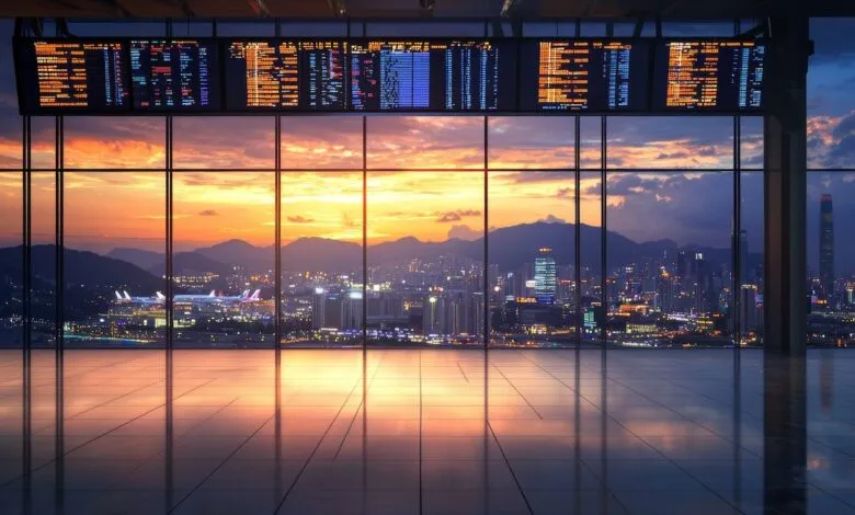 Airport departure board displays flight information against a stunning sunset cityscape view.
