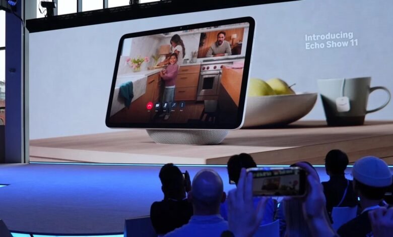 Amazon Echo Show 11 displayed on a large screen during a presentation.