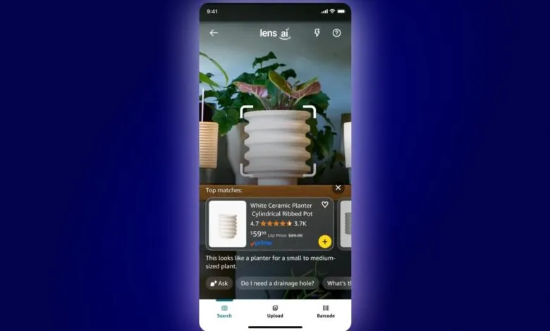 Amazon Lens AI identifies a white ceramic planter. Smartphone screen shows product details and price.