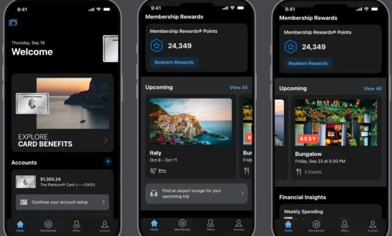 Screenshots of the American Express app displaying rewards, upcoming travel, and account details.