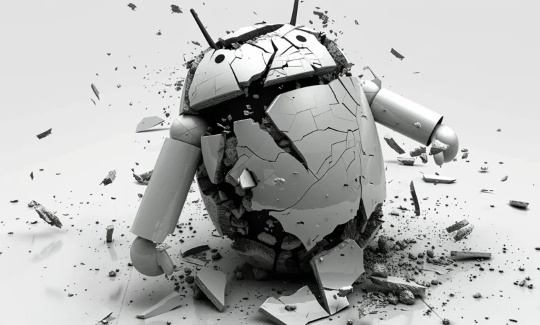 Shattered Android robot mascot in grayscale, with pieces scattered on a white background.