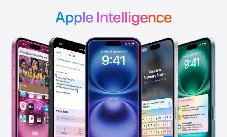 iPhone 16 showcasing Apple Intelligence features: email, messaging, movie creation, and smart notifications.
