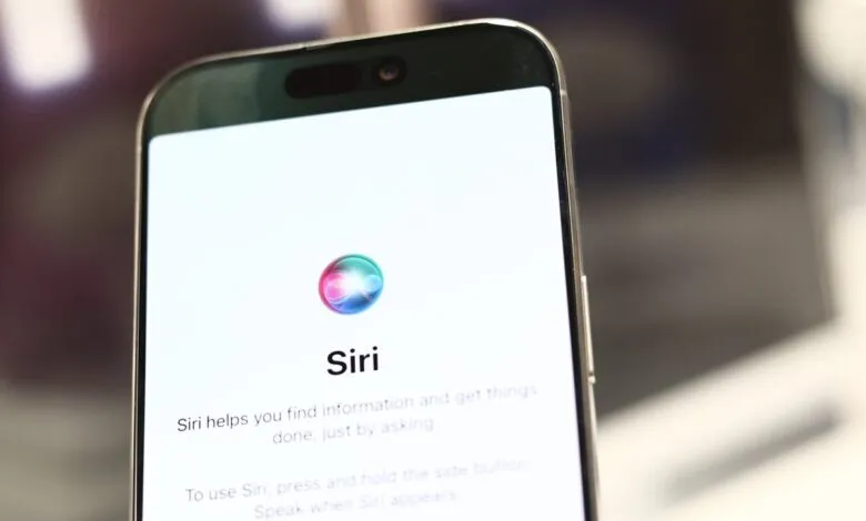 Close-up of an iPhone screen displaying the Siri setup instructions and logo. The Siri logo is a colorful, swirling sphere.