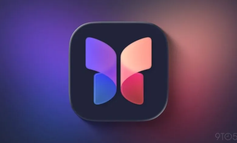 App icon with a butterfly design in vibrant purple, pink, and blue hues.