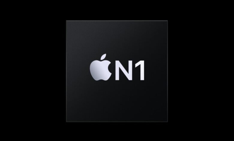 Close-up of Apple's N1 chip, showcasing the Apple logo and 'N1' designation on a dark background.