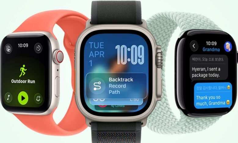 Three Apple Watches showcasing different features: fitness tracking, calendar, and messaging.