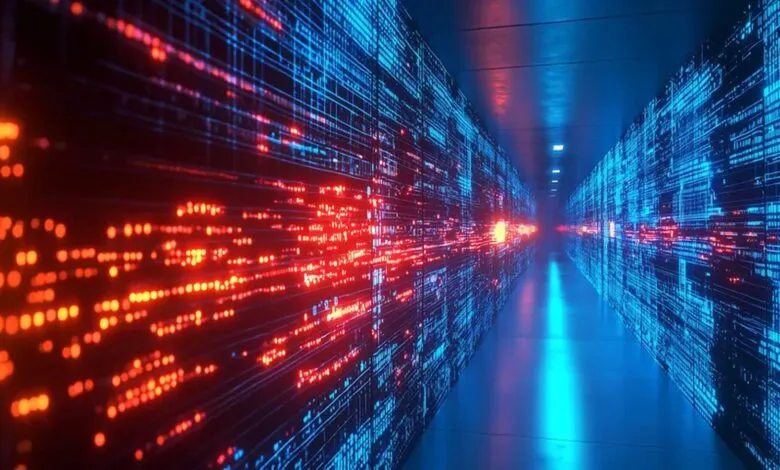 Abstract digital corridor with glowing blue and red data streams on walls.