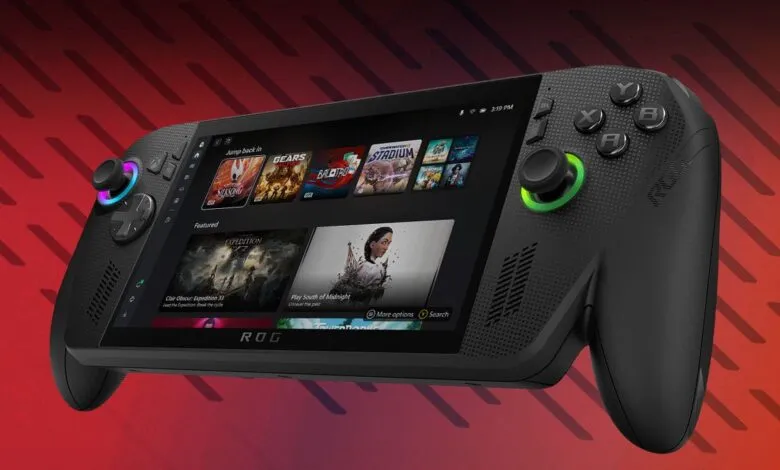 Close-up of the ASUS ROG Ally handheld gaming PC with its screen displaying game tiles.