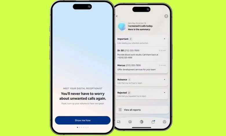 Smartphone displays a digital receptionist app, summarizing screened calls: important, nuisance, and rejected. Promising fewer unwanted calls.