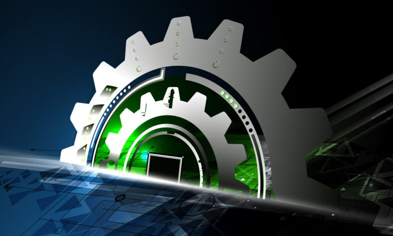 Abstract gear graphic with green and silver accents, set against a dark background. Represents technology or automation.