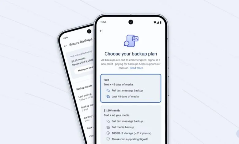 Signal app showing free and paid backup plan options on a smartphone screen.