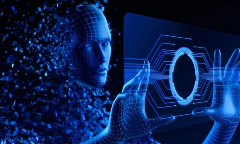 Wireframe humanoid interacts with a digital interface, data particles dissolving around it.