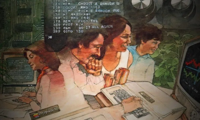 Vintage illustration of people working on Apple II computers, showcasing early computing and a warm, inviting atmosphere.