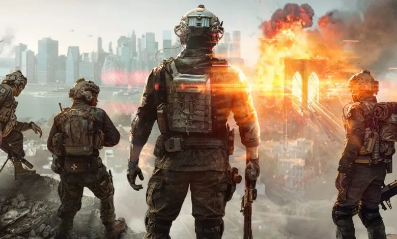 Soldiers overlooking a burning city, a war scene with the Brooklyn Bridge in flames.