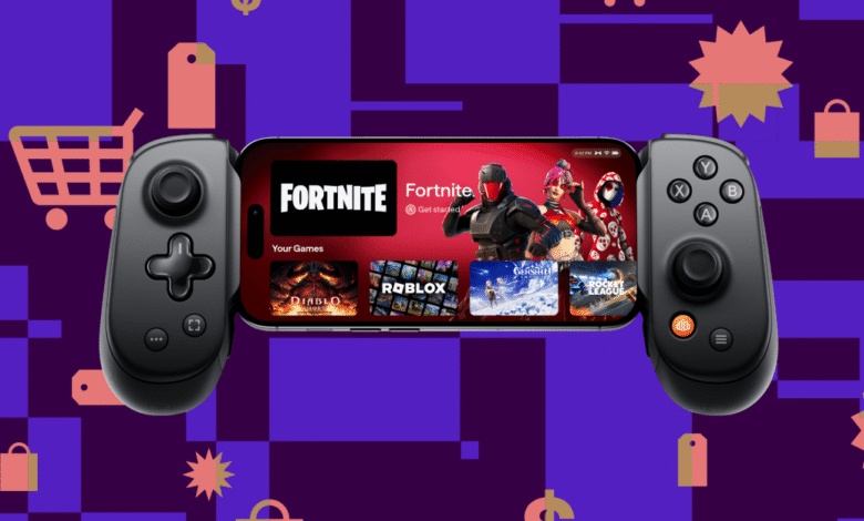 Smartphone with game controller showing Fortnite, Roblox, and other games. Shopping cart and price tag icons in background.