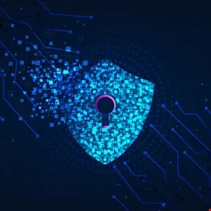 Digital shield dissolving into pixels, revealing a keyhole; symbolizes cybersecurity vulnerability.