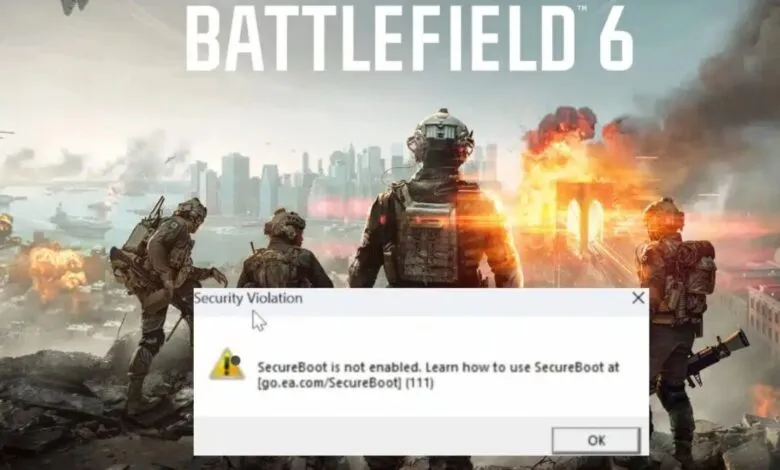 Battlefield 6 game screen with a Secure Boot error message.