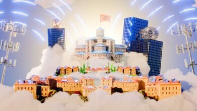 Whimsical cityscape with cryptocurrency coins, cell towers, and gingerbread-like buildings.