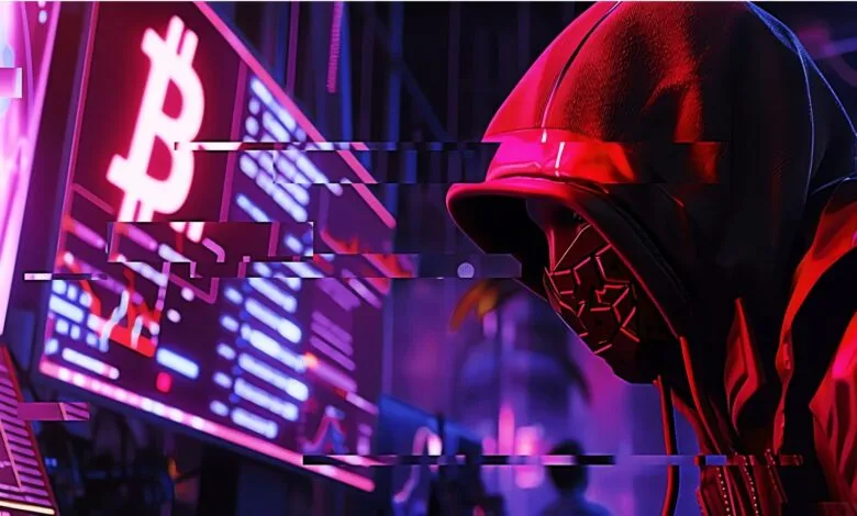 Hooded figure in red, wearing a mask, sits before glowing screens displaying Bitcoin and data streams.