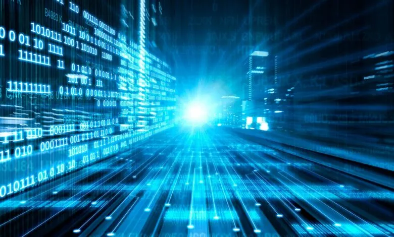 Abstract digital stream of binary code and data flowing through a futuristic city.