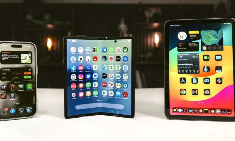 Three modern mobile devices displaying app interfaces: a smartphone, a foldable phone, and a tablet.