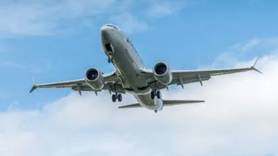 American Airlines Boeing 737 Max 8 airplane on approach, landing gear down, against a partly cloudy sky.