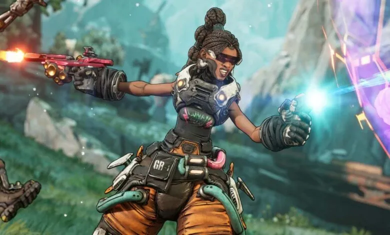 A female character with braided hair and futuristic armor firing a weapon.