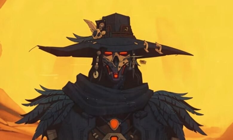A character with a wide-brimmed hat and glowing red eyes in a desert setting.