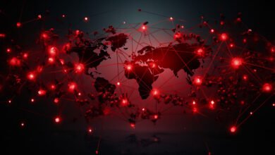 Global network map with red glowing nodes interconnected, illustrating a worldwide digital threat or connection.