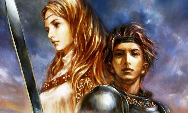 Painting of a blonde woman with a sword and a young man in armor