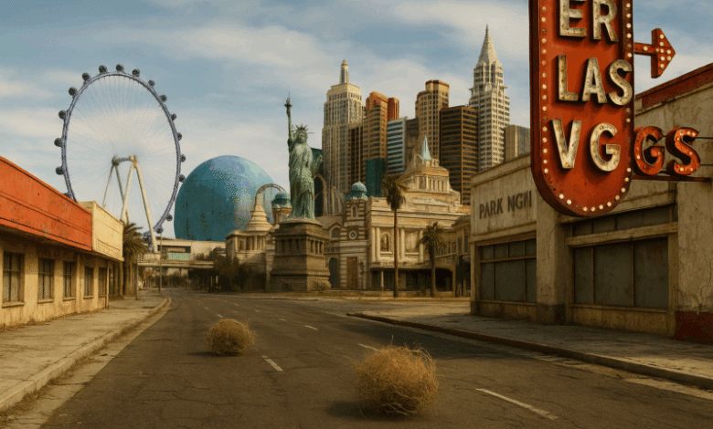 A desolate Las Vegas street with iconic landmarks and tumbleweeds.