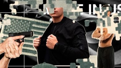 Abstract collage depicting a man, a gun, and an American flag, fragmented puzzle-like.