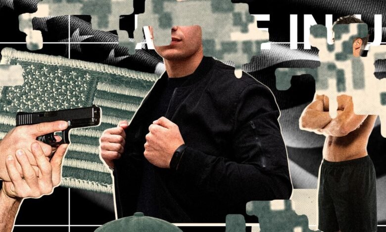 Abstract collage depicting a man, a gun, and an American flag, fragmented puzzle-like.